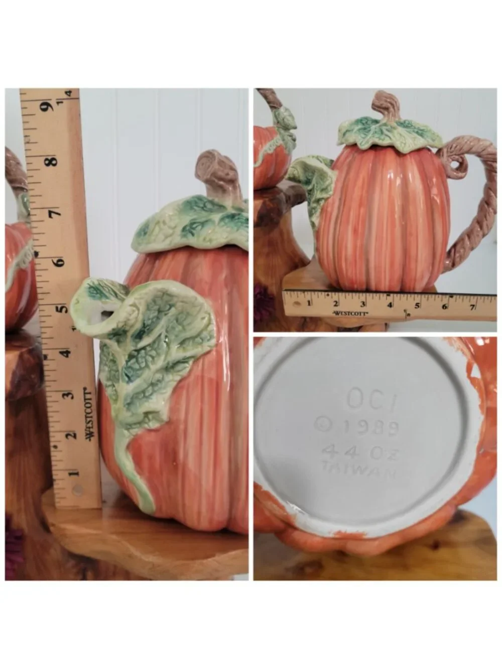 Vtg Fitz & Floyd OCI Fall Kitschy Cottagecore Ceramic Pumpkin Tea Pot & Basket